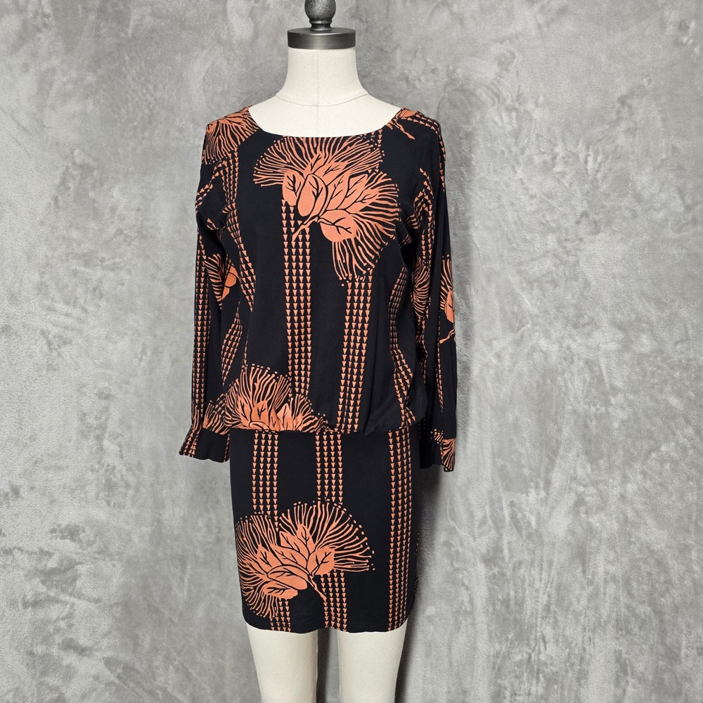 Kamohoalii Dress Women L Blk Orange Tribal Floral Long Sleeve Mini Aloha Stretch